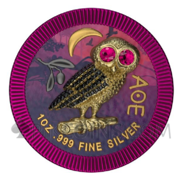 Athenian Owl - Purple Night - Swarovsky Crystals 2$ 1oz Niue 2021