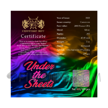 Love - Under the Sheets - Color Edition 2000 Francs CFA 2oz Republic of Cameroon 2022