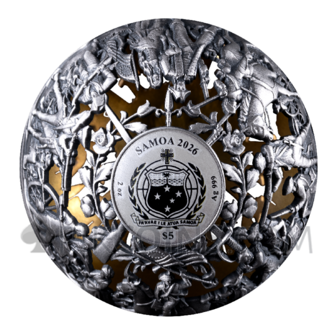 Revolution and Freedom - Filigree Spherical Ball 5$ 2oz Samoa 2026 - Image 2