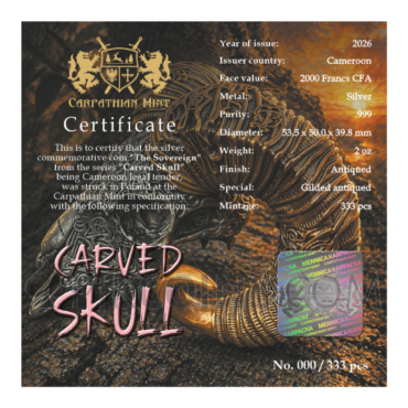 The Sovereign - Carved Skull 3D 2000 Francs CFA 2oz Cameroon 2026