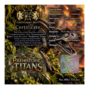 Tyrannosaurus Rex - Prehistoric Titans 2000 Francs CFA 2oz Cameroon 2026